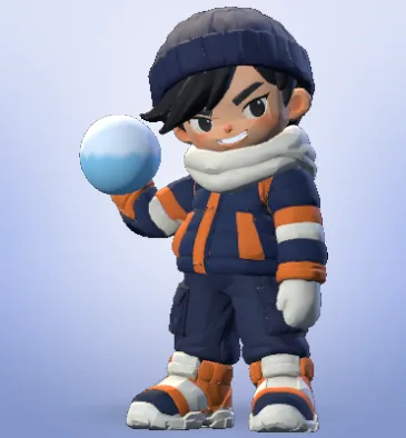 Rudy, the Sprinter, a chibi snowballer in a navy and orange jacket holding a snowball.
